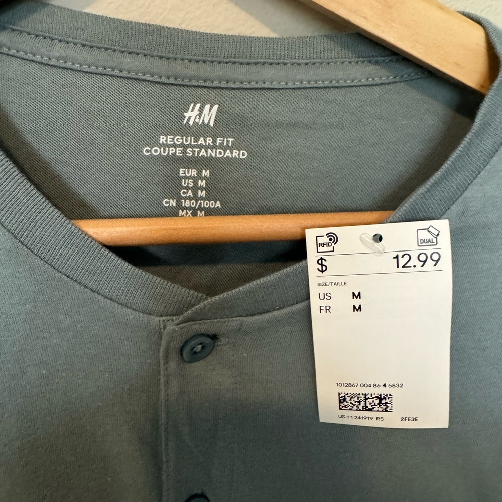 H&M Men's Regular Fit Slate Blue Henley Shirt